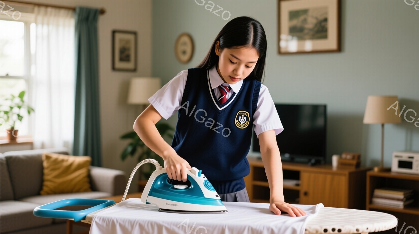 茶髪の少女が、紺色のベストと白いシャツ、グレーのスカートという制服を着てアイロンをかけている。彼女は集中した表情でアイロンを動かし、姿勢は前かがみで真剣だ。背景には明るい色のソファ、木製のキャビネット、壁に飾られた絵画があり、穏やかで家庭的な雰囲気が漂っている。