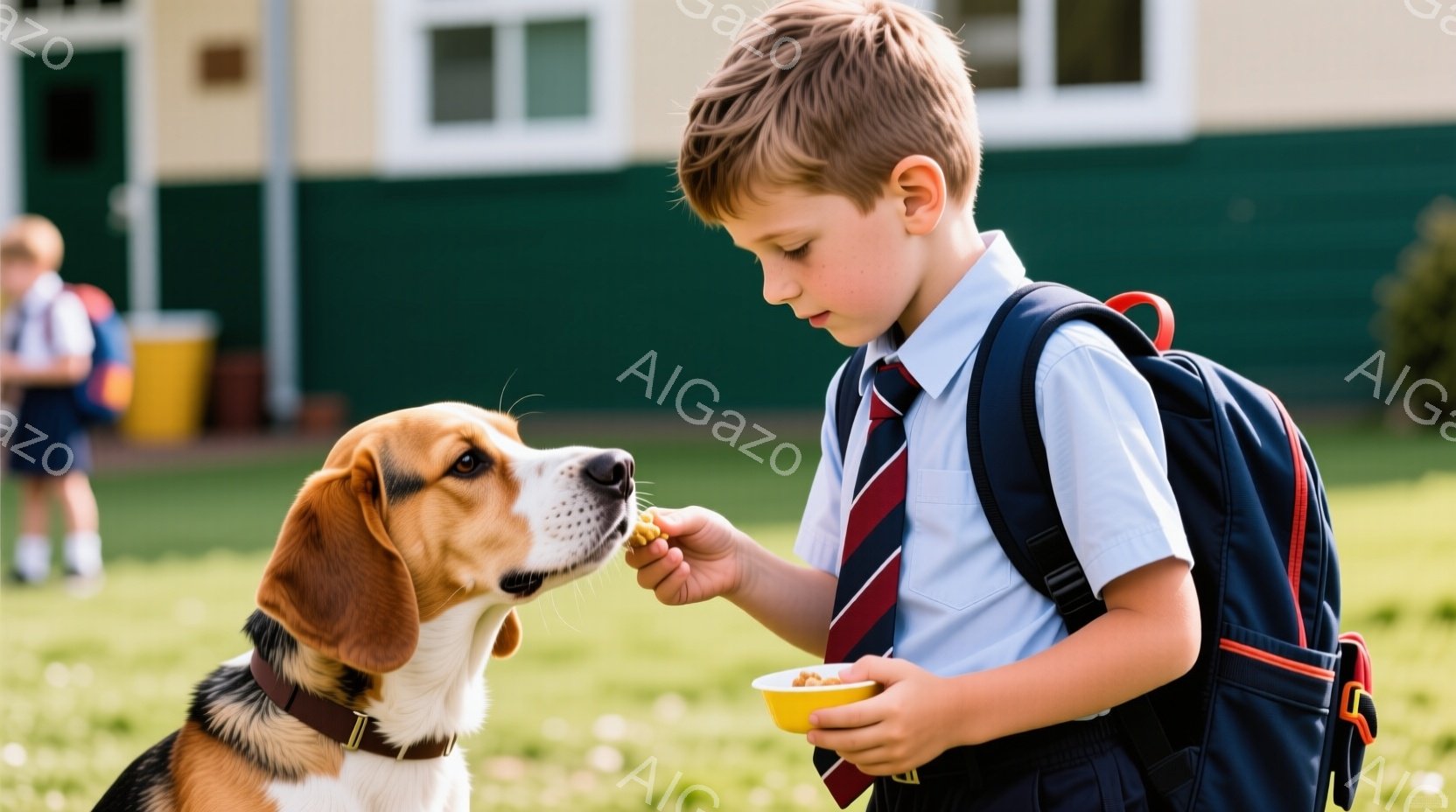 茶色と白のビーグル犬が、少年からおやつを受け取ろうとしています。少年は学校の制服、白いシャツにネクタイ、紺色のズボンを着用し、リュックサックを背負っています。背景には緑の芝生と、窓のある建物の壁が見え、晴れた日の穏やかな光が差し込んでいます。