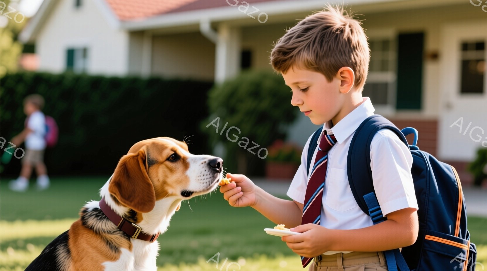 茶色のビーグル犬が、少年からおやつを受け取ろうとしています。少年は学校制服姿で、紺色のブレザーとベージュ色のズボンを着用し、赤い縞模様のネクタイを締めています。背景には緑豊かな芝生と住宅が見え、晴れた日の穏やかな雰囲気が伝わってきます。