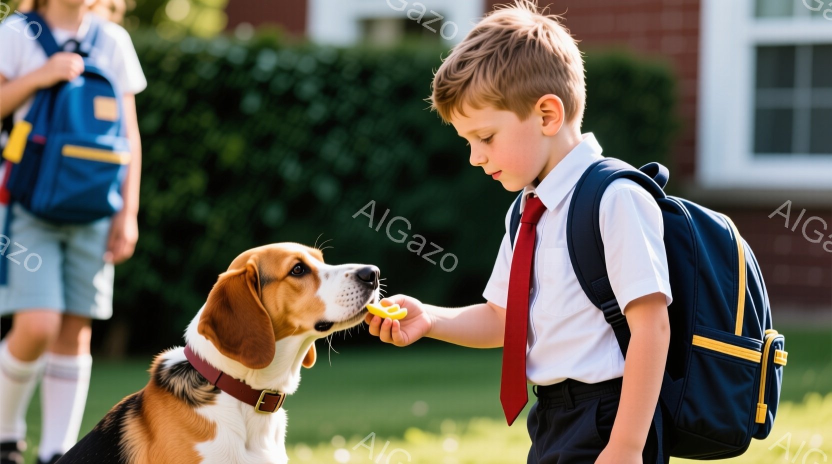小さな男の子が、茶色と白のビーグル犬に何かおやつを与えようとしています。男の子は紺色の短パンに白のシャツ、赤いネクタイ、そして紺色のバックパックを背負い、少し前かがみになって集中した表情をしています。背景には緑の芝生とレンガ造りの建物が見え、晴れた日の穏やかな雰囲気が漂っています。