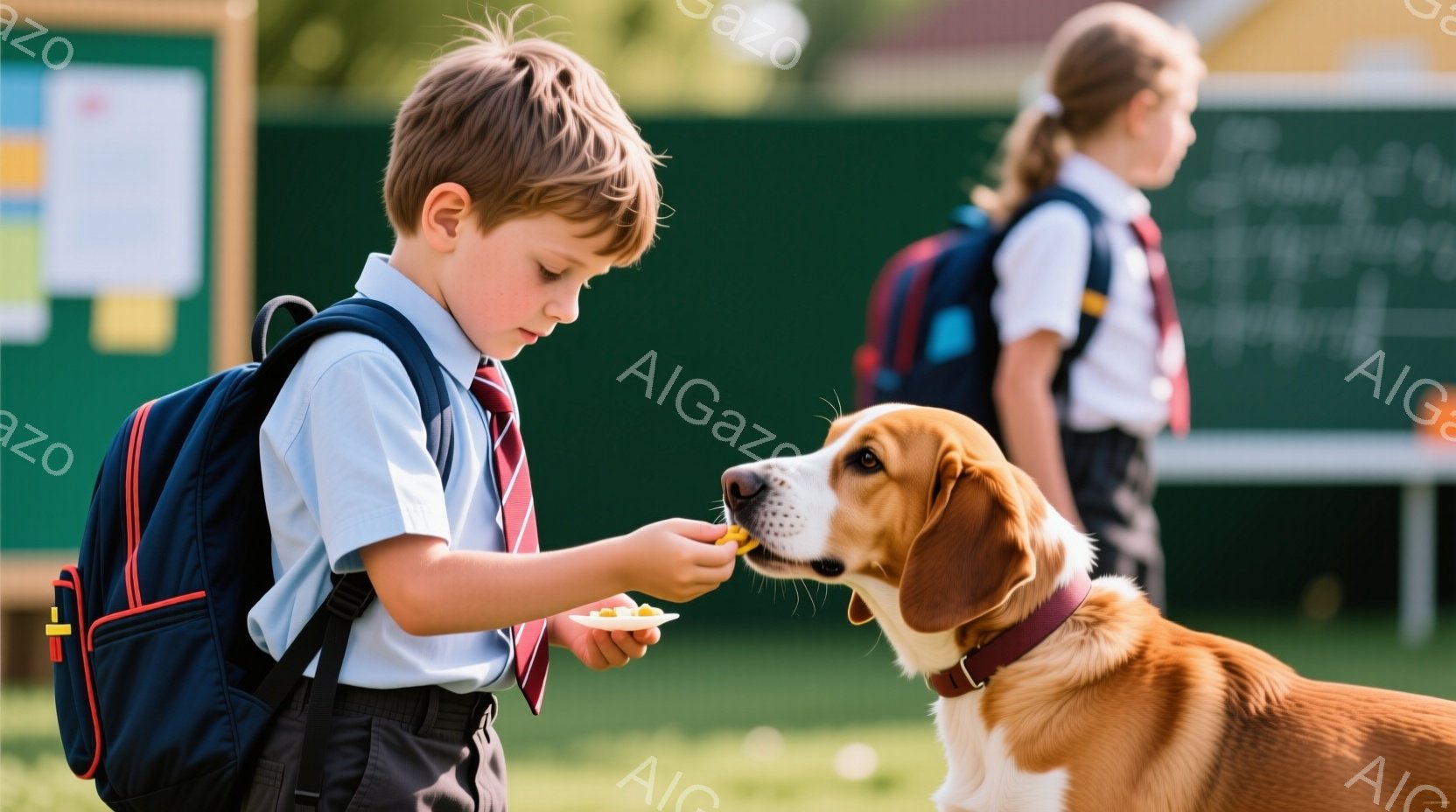 左側の画像は、学校での日常の場面を表しています。小学生が通りかかった犬におやつを与えるという様子が描かれています。男児はイエロージャケットの協力者服、女性教師は正式な校服を着用しています。地形には芝生があり、雰囲気は優雅で親切な学校生活が感じられます。 右側の画像は、犬と男児の父親の場面を表しています。おやつを与える犬に対して父親が評価的な顔を作り、子息が熱心に犬に食べ物を提供するという様子が表現されています。男児は学校のユニフォームを着用し、父親はカジュアルな服装であり、地形には芝生と植物が見えます。雰囲気は家族間の愛情や日常の楽しさが感じられます。