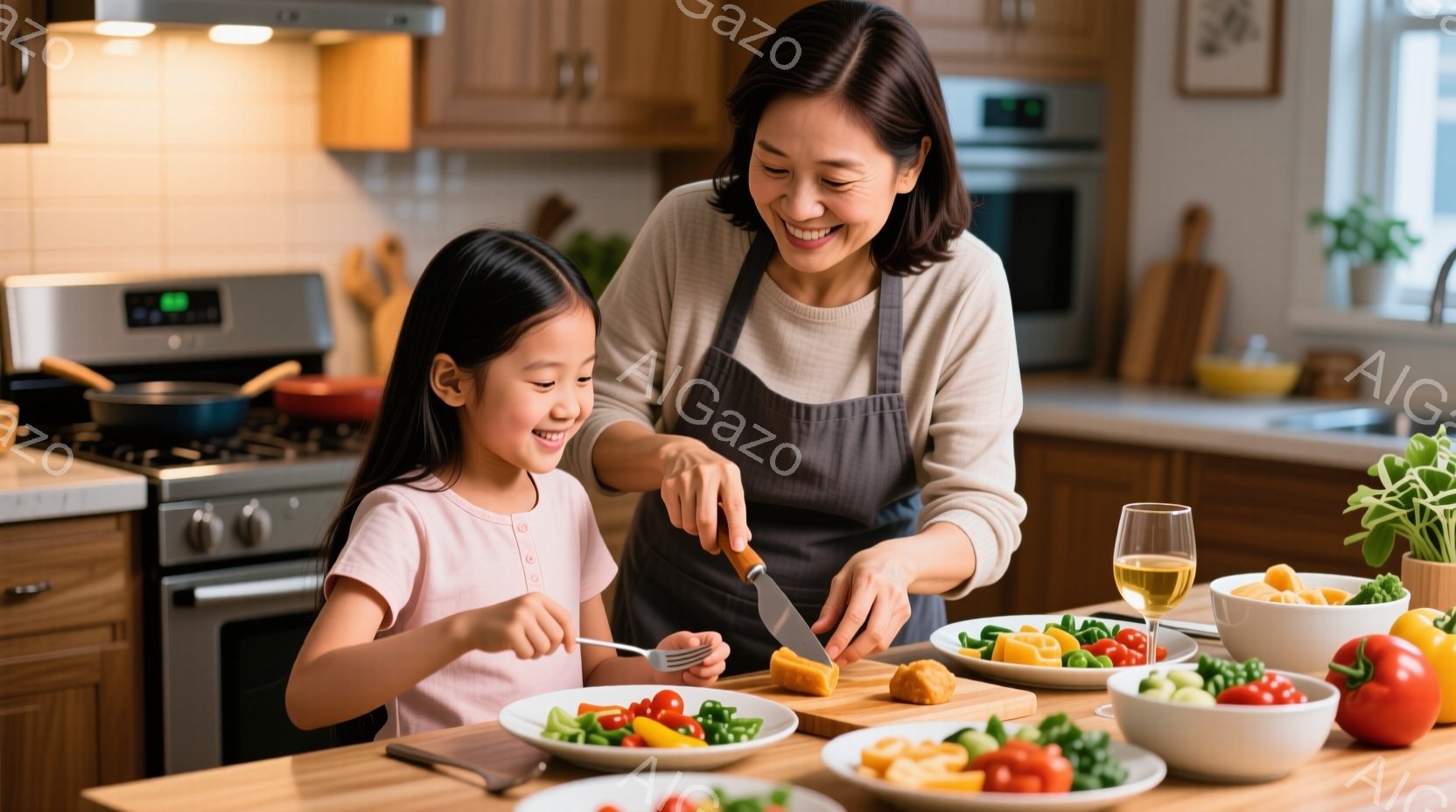 長い髪をサイドに流した少女がフォークで野菜を皿に盛り付けており、笑顔を見せています。エプロンを着た母親は、まな板の上でオレンジ色の食材を切っており、同じく笑顔で娘を見下ろしています。背景には、調理台、 - AI生成フリー素材