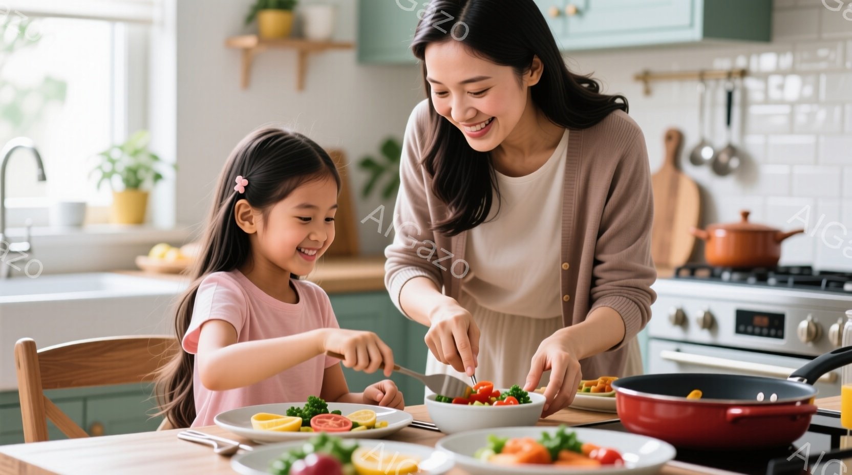 明るいキッチンで、母親と娘が一緒に料理をしている様子が描かれています。娘はピンク色のシャツを着て髪をリボンで結い、笑顔で野菜を皿に並べています。母親はグレーのセーターを着て、ナイフとフォークで野菜を切る手つきは優しく、温かい家庭の雰囲気が漂っています。