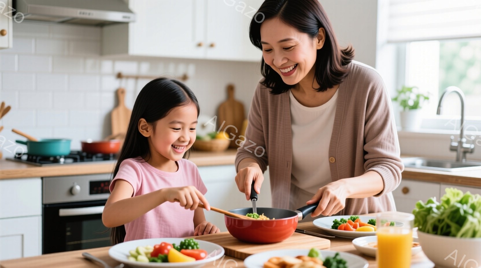 明るいキッチンで、母親と娘が一緒に料理をしている様子が写っています。母親は白いTシャツにカーディガンを着ており、娘はピンク色のTシャツを着ています。二人は笑顔で、母親がフライパンの中身を混ぜているのに対し、娘は手を広げて楽しんでいる様子です。