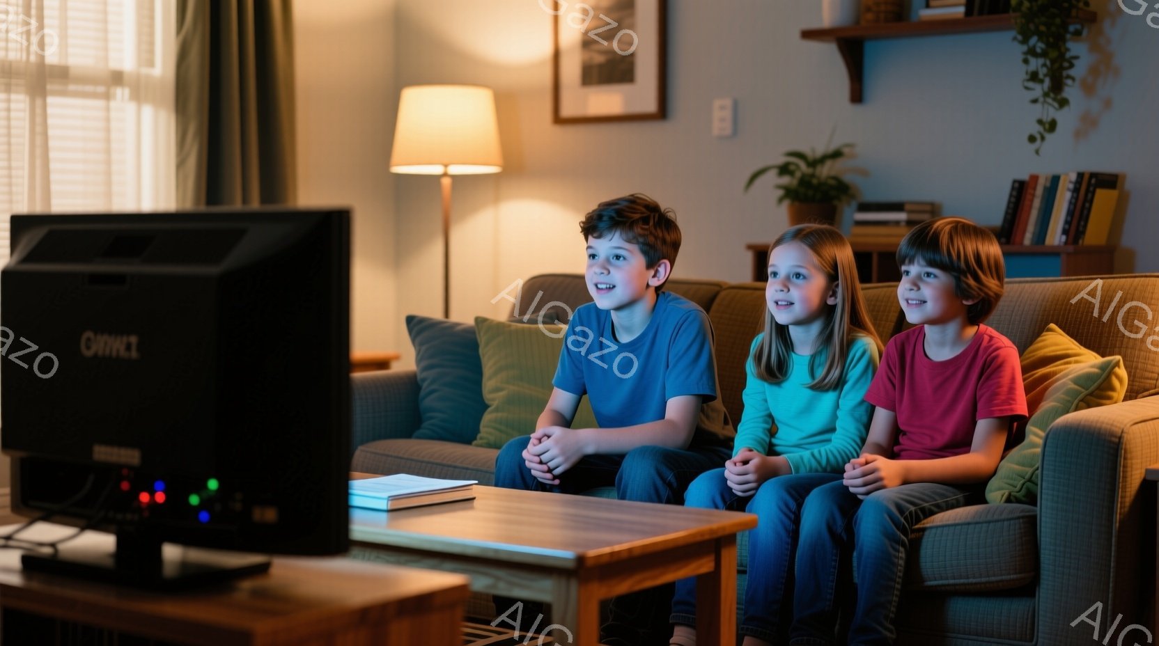 ３人の子供たちが、緑色のソファに並んで座り、テレビを見ている。青いシャツを着た男の子は笑顔で、緑色のシャツを着た女の子も楽しそうに、赤いシャツを着たもう一人の男の子も画面に夢中になっている。背景には木製のテーブル、本棚、そして植物があり、温かく家庭的な雰囲気が漂っている。