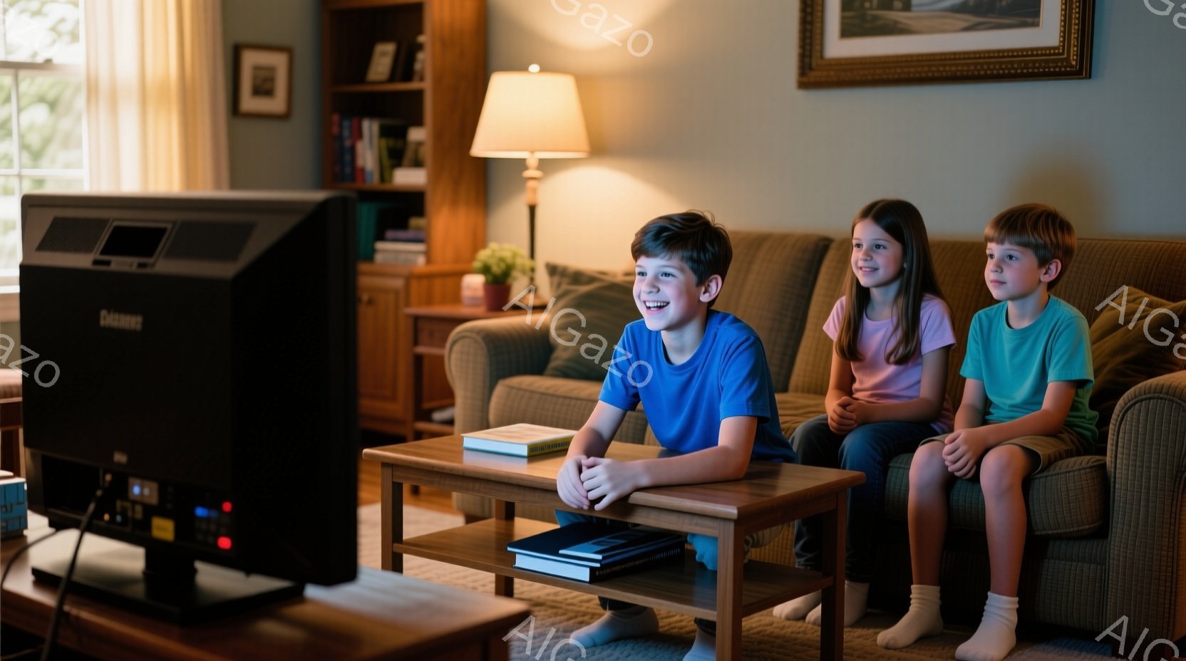 少年と少女がソファに座ってテレビを見ています。少年は青いTシャツを着ており、明るい笑顔を浮かべています。少女はピンク色のシャツを着ており、同じように楽しんでいます。背景には本棚とテーブルがあり、暖かく - AI生成フリー素材