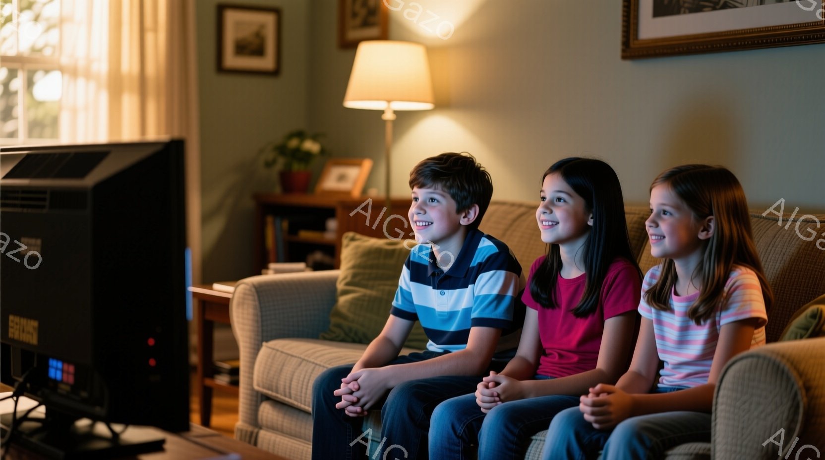 3人の子供たちが、ベージュ色のソファに並んで座っており、テレビを見て楽しんでいる様子が伺えます。男の子はストライプの青いシャツを着ており、2人の女の子はそれぞれ赤いシャツとピンクのシャツを着ています。 - AI生成フリー素材