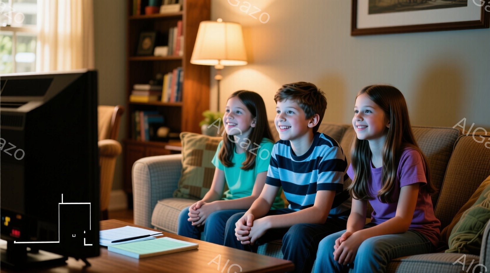 3人の子供たちが、ベージュ色のソファに並んで座っており、皆笑顔で何かを見ているようです。男の子はボーダーのシャツを着ており、女の子たちはそれぞれ紫とピンクのTシャツを着ています。背景には本棚やランプが見え、リビングルームの温かく居心地の良い雰囲気が漂っています。