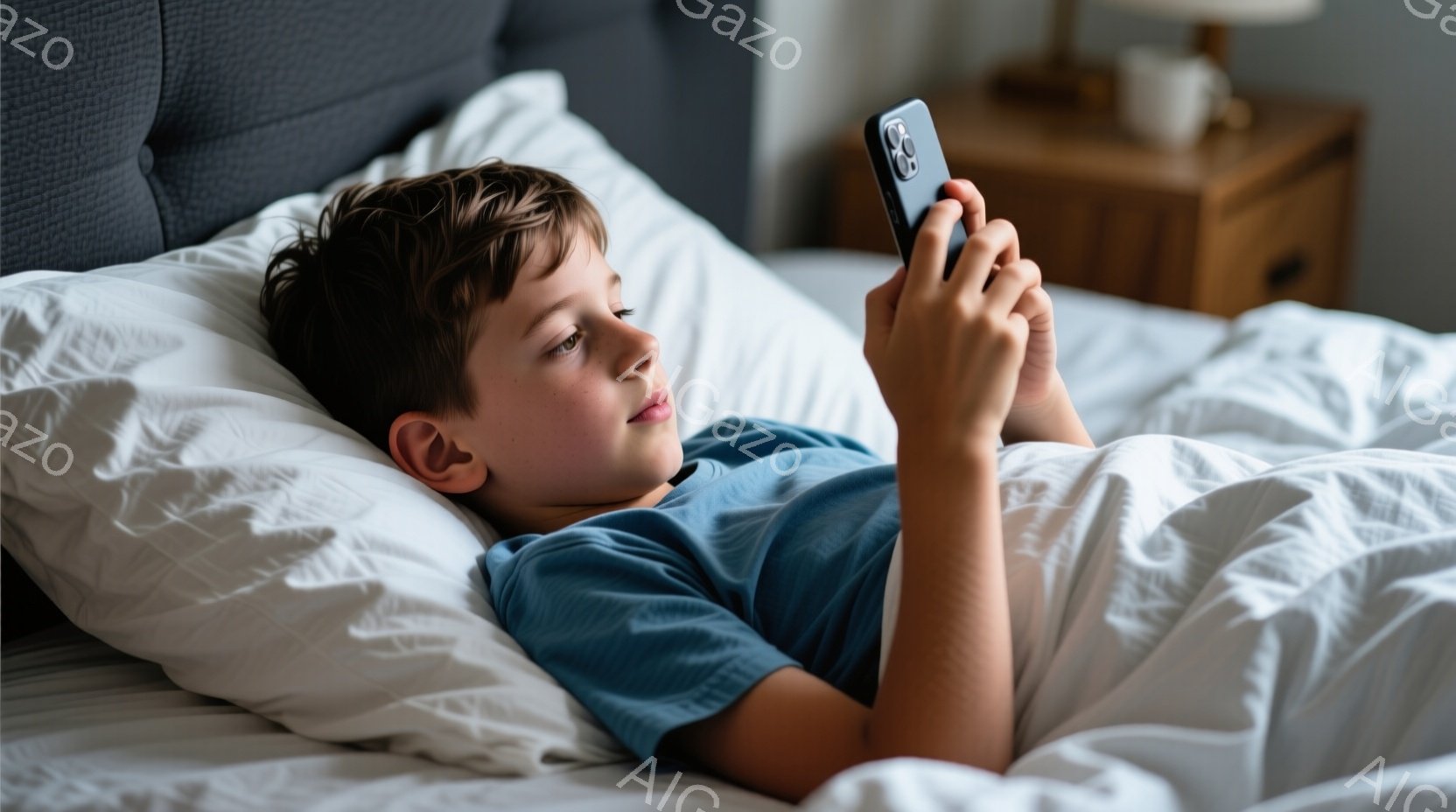 少年はベッドに横たわり、青いTシャツを着てスマートフォンを見つめている。彼は茶色の髪をしており、少し微笑んでいるように見える。背景には白いシーツと枕、そしてぼやけた木製のナイトスタンドが見え、リラック - AI生成フリー素材