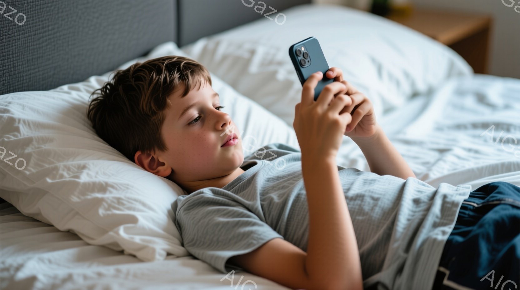 横たわる少年は、灰色のTシャツと濃い青色のズボンを身につけています。彼はベッドに仰向けになり、スマートフォンを手に持って何かを見ています。背景には白い枕とベッドシーツ、そしてぼやけた家具が見え、全体的 - AI生成フリー素材