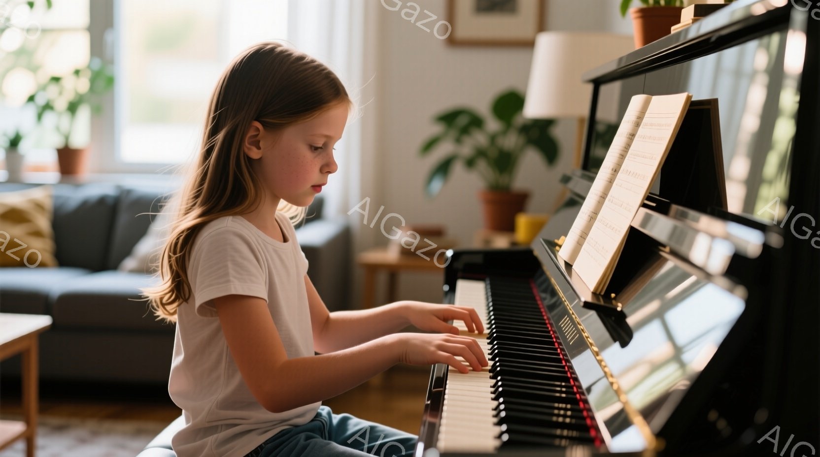金髪の少女がピアノを弾いています。彼女は薄い青色のズボンと白いTシャツを着ており、集中した表情で楽譜を見下ろしています。背景には、植物やソファーのある明るいリビングルームがあり、穏やかで家庭的な雰囲気が漂っています。