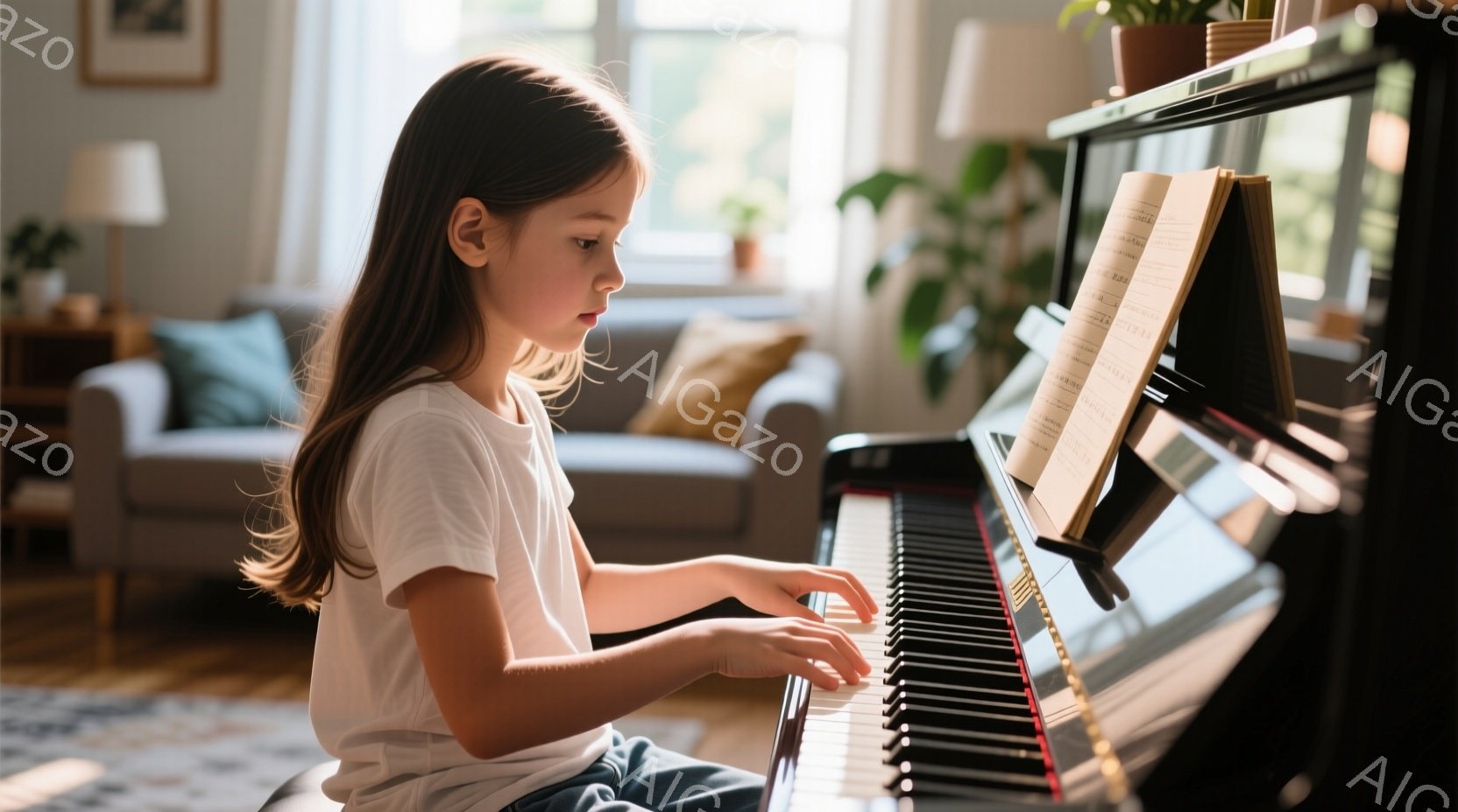 長い茶色の髪をサイドに垂らした少女が、アップライトピアノを弾いています。白いTシャツとジーンズ姿で、楽譜に向かって集中した表情をしています。背景には、明るい色のソファと植物が置かれたリビングルームが見え、穏やかで家庭的な雰囲気が漂っています。