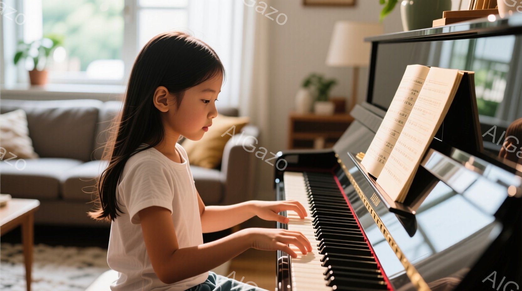 茶髪の少女がピアノを弾いています。白いTシャツとジーンズを着ており、真剣な表情で楽譜を見ながら指を鍵盤に乗せています。背景にはグレーのソファや植物が見え、明るく温かい家庭的な雰囲気が漂っています。