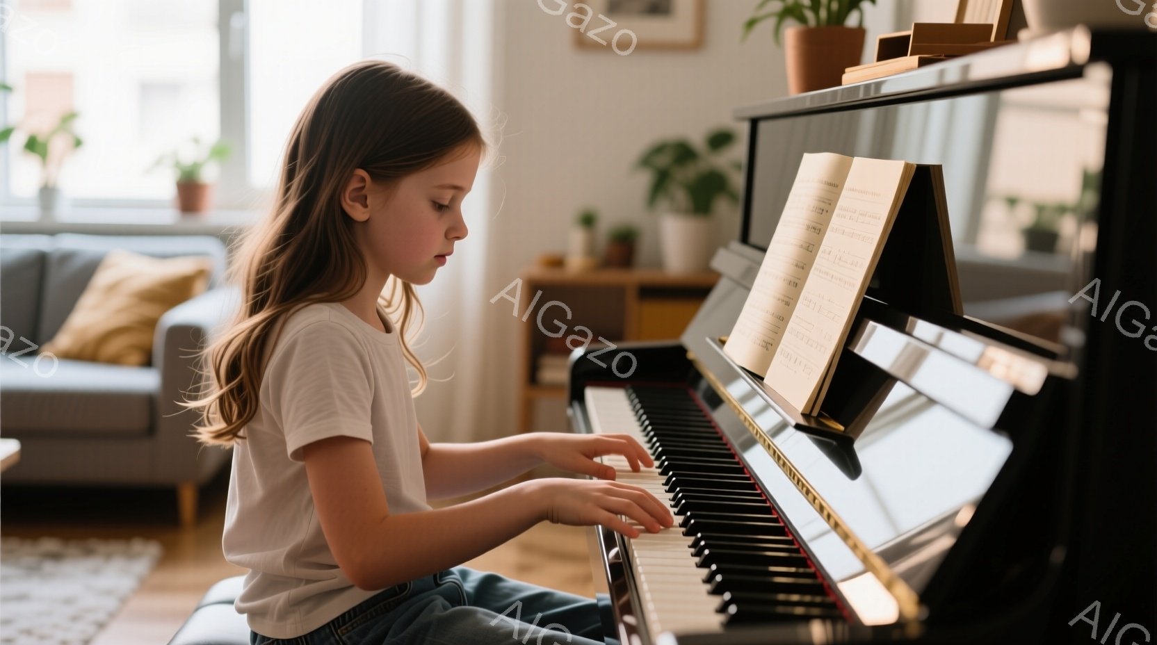 少女はピアノの前に座り、真剣な表情で演奏しています。彼女は白いTシャツとジーンズを着ており、長い髪は後ろで自然に垂れ下がっています。背景には、ソファ、観葉植物、そして穏やかな光が差し込むリビングルーム - AI生成フリー素材
