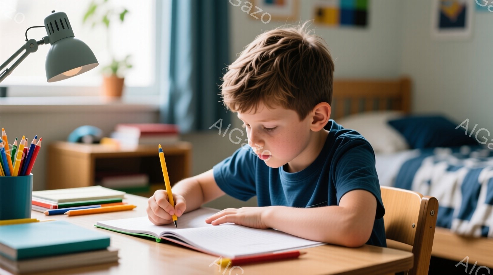 茶髪の少年が木製の椅子に座り、鉛筆でノートに何かを書き込んでいる。青いTシャツを着ており、集中した表情で前を見つめている。背景にはベッドや本棚が見え、部屋全体が明るく穏やかな雰囲気である。 - AI生成フリー素材