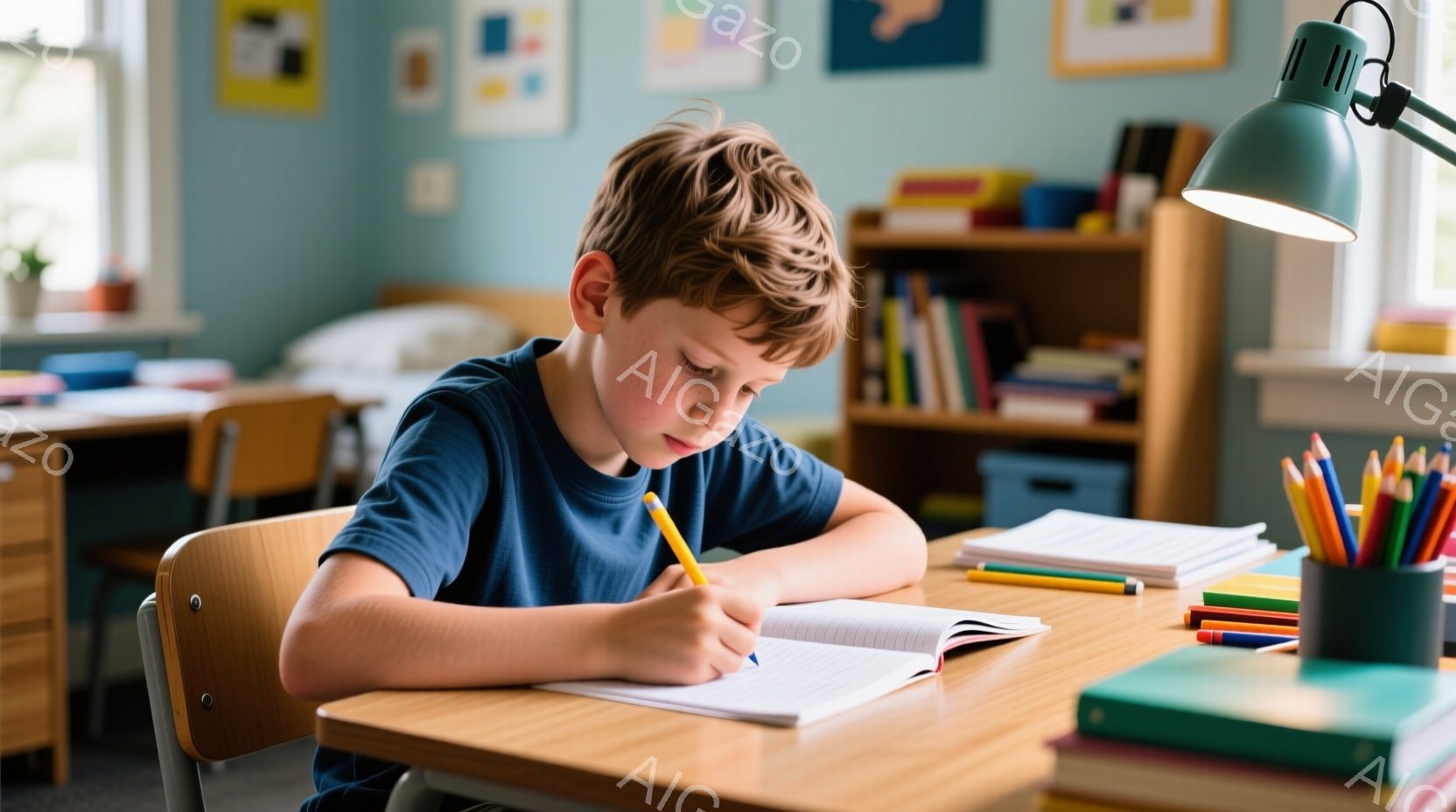 茶髪の少年が机に向かって書き込みをしている。青いTシャツを着ており、集中した表情で鉛筆を握っている。背景には本棚やカラフルな画材があり、明るい光が差し込む室内で学習に励む様子がうかがえる。