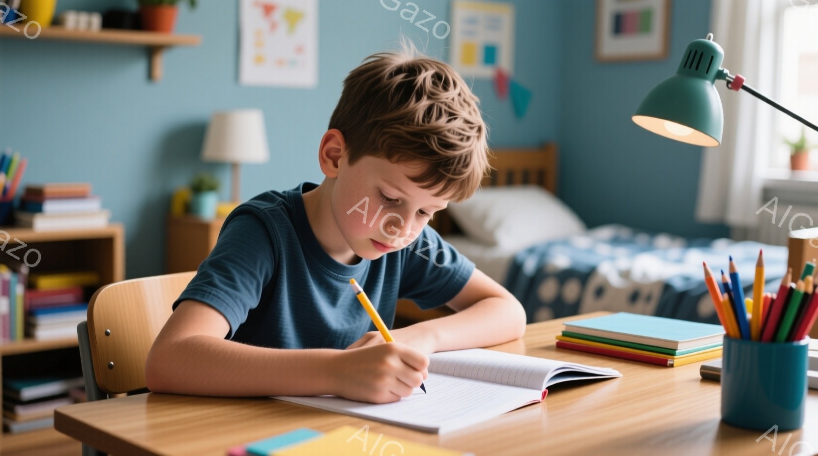 茶髪の少年が、木の机でノートに集中して何かを書いている。青いTシャツを着ており、少し眉間にしわが寄った表情で、真剣に取り組んでいる様子が窺える。背景には本棚、ベッド、そしてカラフルな画材が置かれており - AI生成フリー素材