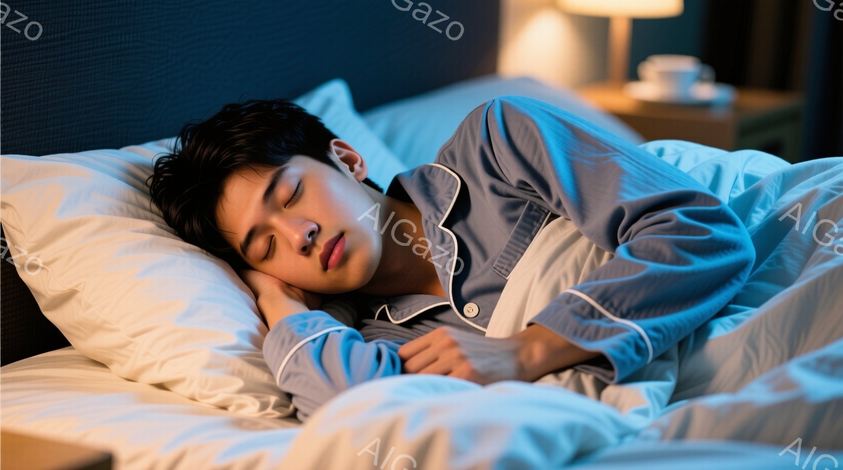 青年は青いパイジャマを着て、白い枕に頭を預けて眠っている。彼の黒髪は少し乱れ、顔はリラックスした表情で、穏やかな睡眠の様子が伺える。背景にはサイドテーブルとランプが見え、部屋全体が落ち着いた雰囲気で包まれている。