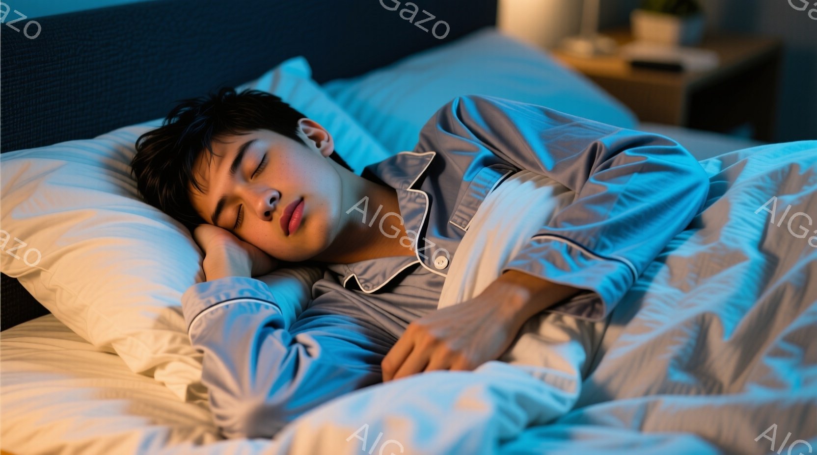 紺色のパイピングが施された薄い水色のパジャマを着た若い男性が、白い枕に頭を預けて横たわっています。彼は目を閉じ、リラックスした表情で眠っているようです。背景には、ブルーグレーのベッドヘッドボードと、ぼやけたナイトスタンドが見え、全体的に穏やかで落ち着いた雰囲気が漂っています。