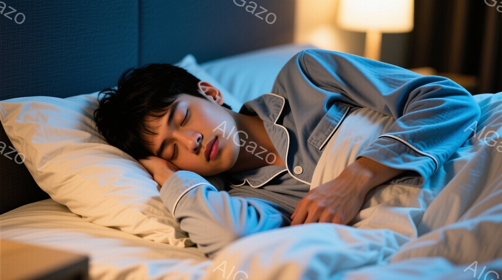 紺色のパジャマを着た若い男性が、白い枕に頭を預けて横向きに眠っている。彼の黒髪は少し乱れ、リラックスした表情で目が閉じられている。背景には、薄暗い照明と、ベッドサイドテーブルが見え、穏やかで安らかな雰 - AI生成フリー素材