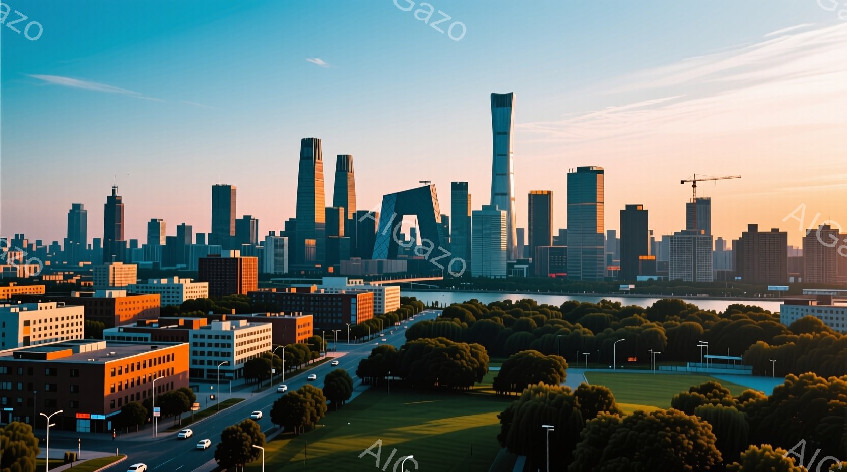 北京の近代的なスカイラインが、夕暮れ時の柔らかな光に照らされている。高層ビル群が立ち並び、その中に特徴的な形状のCCTV本社の建物が目を引く。手前に広がる緑地と道路、そして遠くに見える水面が、都会の風景に自然の要素を添えている。