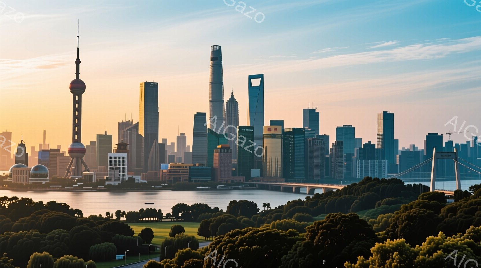 上海のスカイラインが、夕焼けに照らされて壮観な光景を呈している。高層ビル群は、様々な形と高さで並び、特に東方明珠塔がその特徴的な形状で際立っている。手前には緑豊かな木々が広がり、川面には穏やかな水が流れ、都市と自然が調和した美しい景色を作り出している。