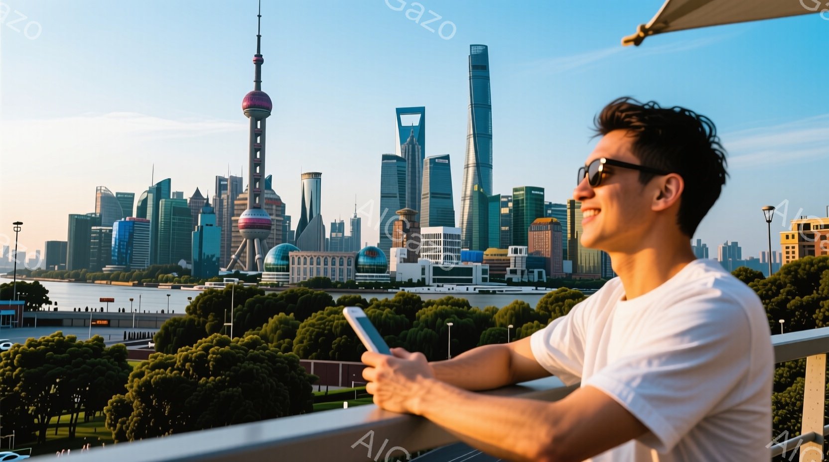 白いTシャツを着た男性が、スマートフォンを見ながら微笑んでいます。彼は黒いサングラスをかけ、髪は短く整えられています。背景には、上海の摩天楼が広がり、緑豊かな木々が前景にあります。空は晴れ、全体的に明るく、開放的な雰囲気が漂っています。