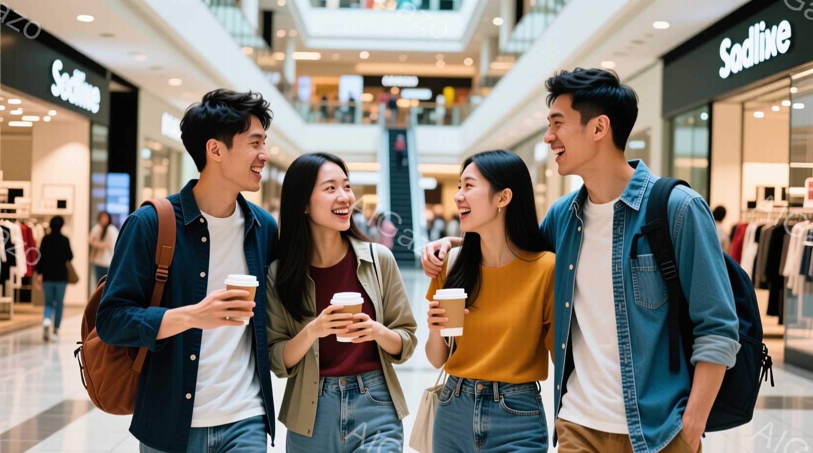 4人の若い男女がショッピングモールの通路で笑顔で歩いている。彼らはカジュアルな服装で、デニムのジーンズとTシャツを着ており、それぞれ紙コップに入った飲み物を持っている。背景には複数の店舗が見え、モール - AI生成フリー素材