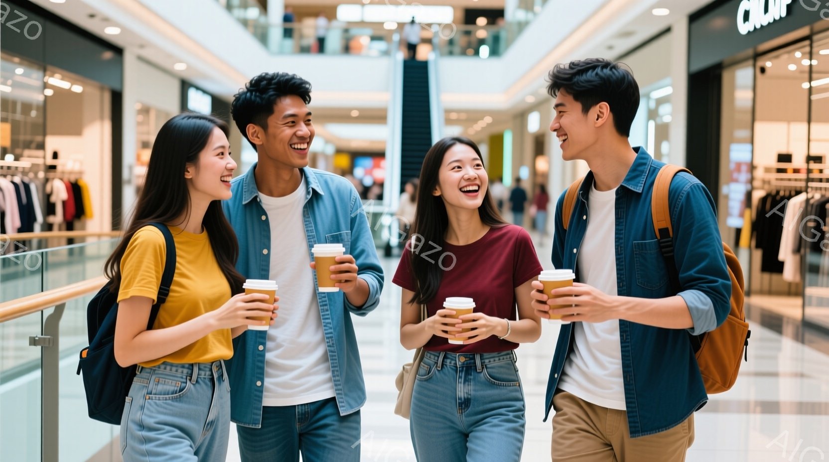 ショッピングモールのような場所で、コーヒーカップを持った若い男女4人が写っています。彼らは皆カジュアルな服装で、明るい表情で楽しそうに笑っています。背景には、エスカレーターや店舗が見え、活気のあるショ - AI生成フリー素材
