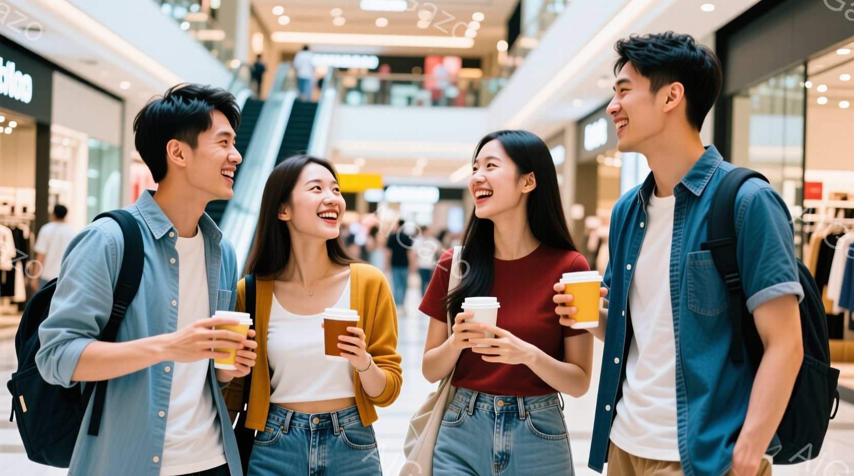 5人の友達がショッピングモール内のエントランスで、コーヒーを楽しんでおります。皆が笑顔で挨拶を交わし、フレンドリーな雰囲気であります。背景には鏡の前で人たちが行くように見える大きな窓があり、それとともに店舗やモール内の情景が表示されています。