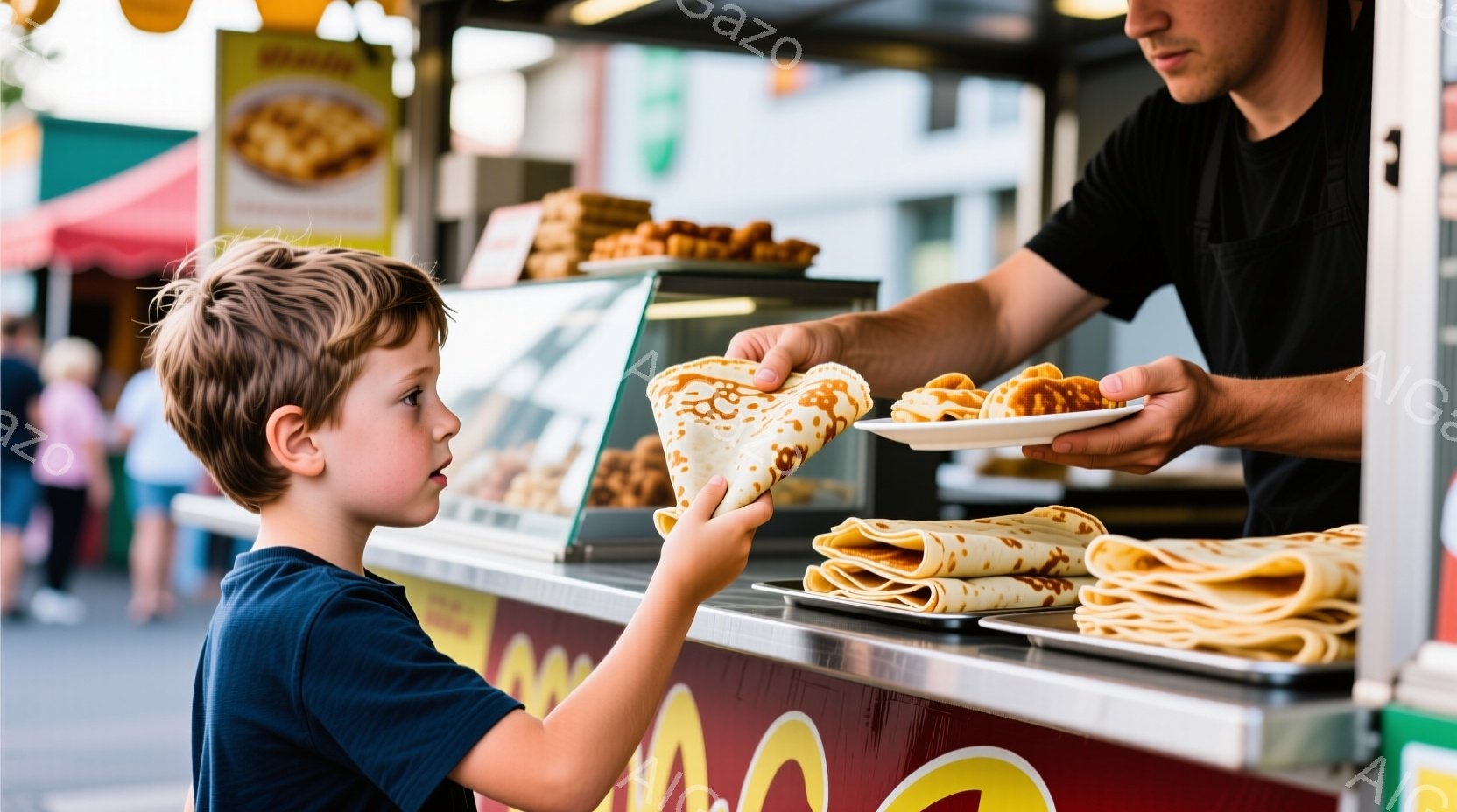 小さな男の子が、クレープを差し出す店員からクレープを受け取ろうとしています。男の子は青いTシャツを着ており、金髪で少しカールした髪型をしています。背景には、様々な種類のクレープが並んだショーケースや、他の人々がぼんやりと見え、賑やかな屋台の雰囲気を感じさせます。
