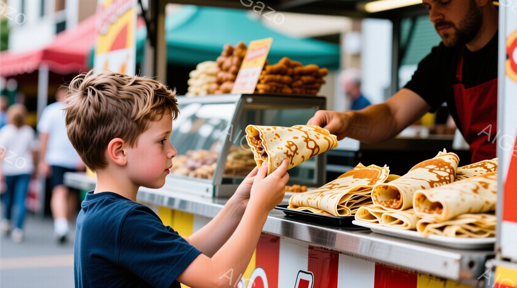 茶髪の少年がクレープを受け取ろうとしています。少年は青いTシャツを着ており、真剣な表情でクレープに手を伸ばしています。背景にはクレープを販売している屋台があり、様々な種類のクレープが並んでいます。 - AI生成フリー素材