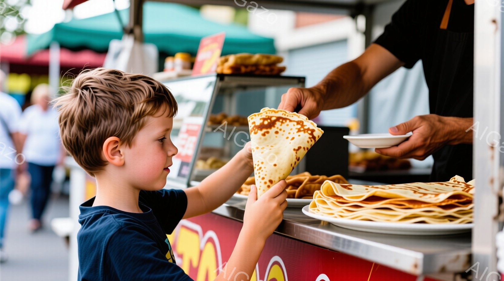 少年は、クレップを前に両手を伸ばして受け取ろうとしています。彼は濃い青色のTシャツを着ており、金髪の髪は短く整えられています。背景には、食べ物を販売している屋台や、ぼやけた人々の姿が見え、日差しが強く、活気のある市場の雰囲気が漂っています。