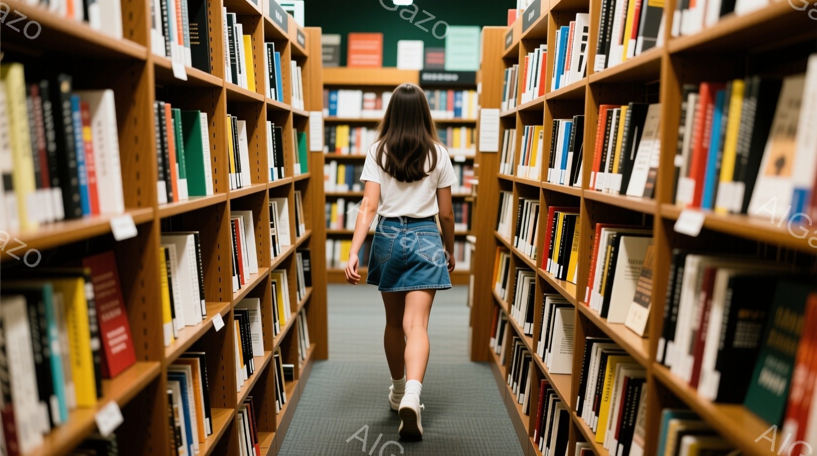 図書館の本棚の間を、後ろ姿の女性が歩いている。白いTシャツにデニムのスカートを履き、髪は後ろで一つに結ばれている。本棚は茶色で、様々な色の本が並び、図書館の静かで落ち着いた雰囲気が漂っている。