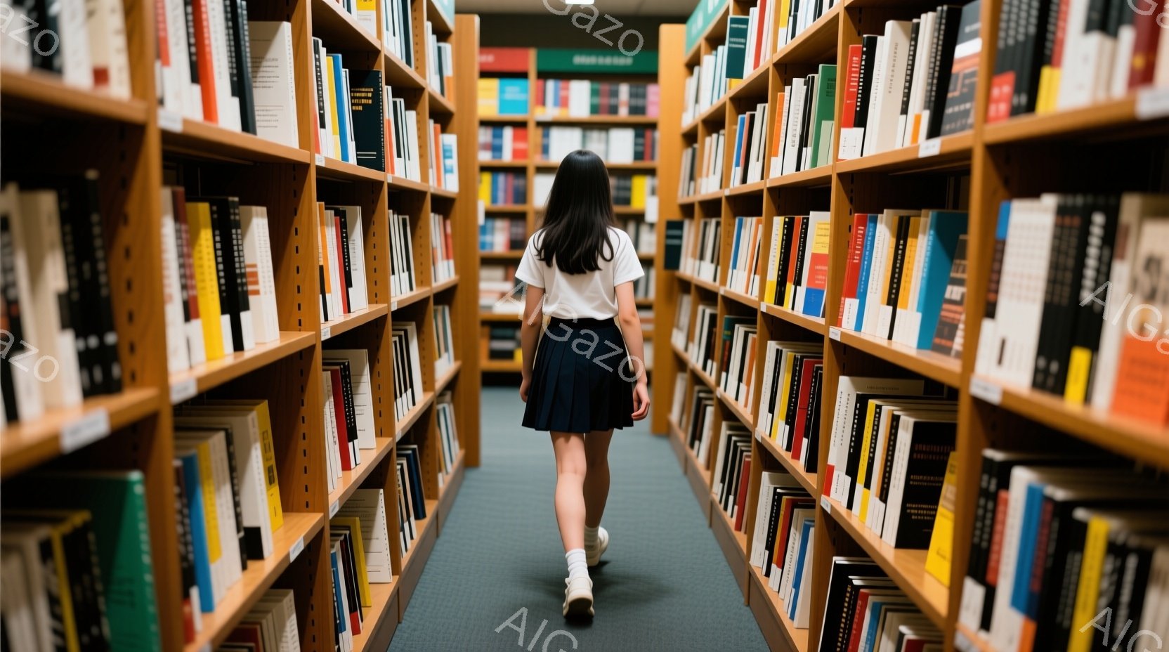 図書館の本棚の間を、後ろ姿の女性が歩いている。彼女は白いシャツに紺色のスカートを着用し、長い黒髪を背中に垂らしている。本棚には様々な色の本が並び、落ち着いた雰囲気を作り出している。