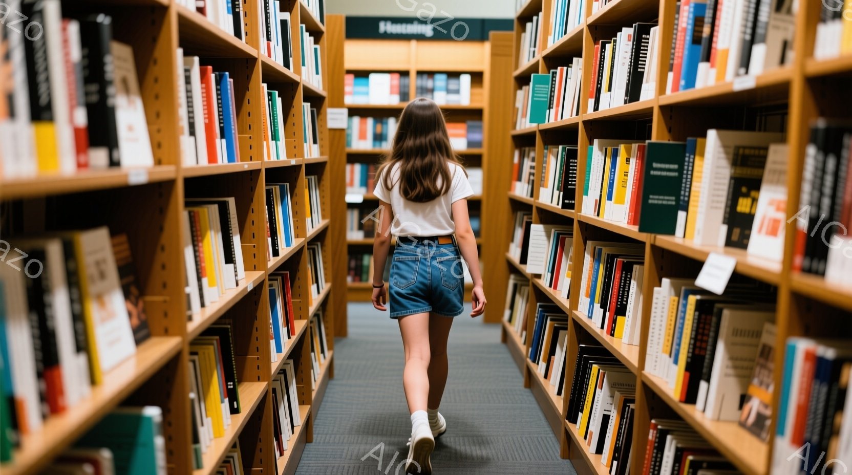 図書館の通路を、後ろ姿の若い女性が歩いている。白いTシャツとデニムのショートパンツ、白いスニーカーを履いており、髪は長く後ろでまとめてある。本棚が通路の両側に高く並び、暖色系の木製家具が落ち着いた雰囲 - AI生成フリー素材