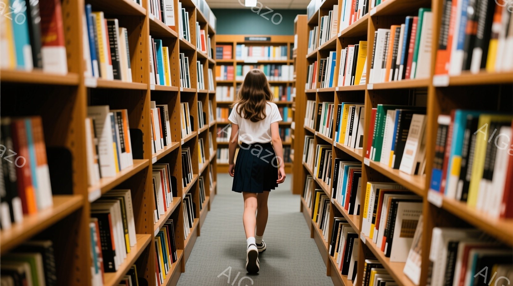 図書館の本棚の間を、一人の少女が歩いている後ろ姿が捉えられている。少女は白いシャツと紺色のスカート、そしてスニーカーを履いており、髪は後ろで一つにまとめられている。 左右に整然と並んだ本棚が奥行きを強 - AI生成フリー素材