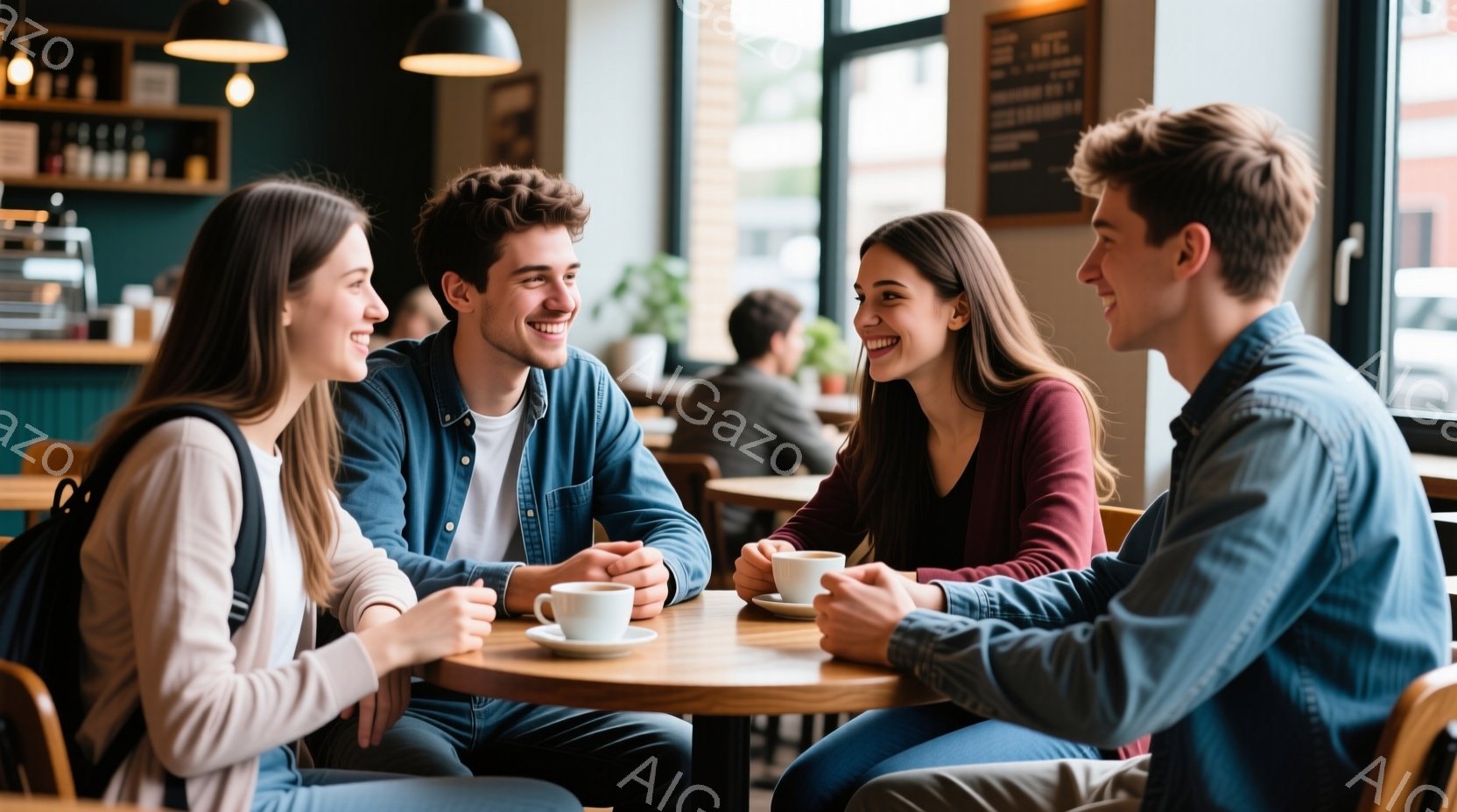 ４人の若い男女がカフェで円卓を囲んで座り、笑顔で会話を楽しんでいます。女性はそれぞれ明るい色のセーターを着ており、男性はデニムジャケットを着ています。背景には他の客やカウンター、メニューボードが見え、温かく活気のあるカフェの雰囲気が伝わってきます。