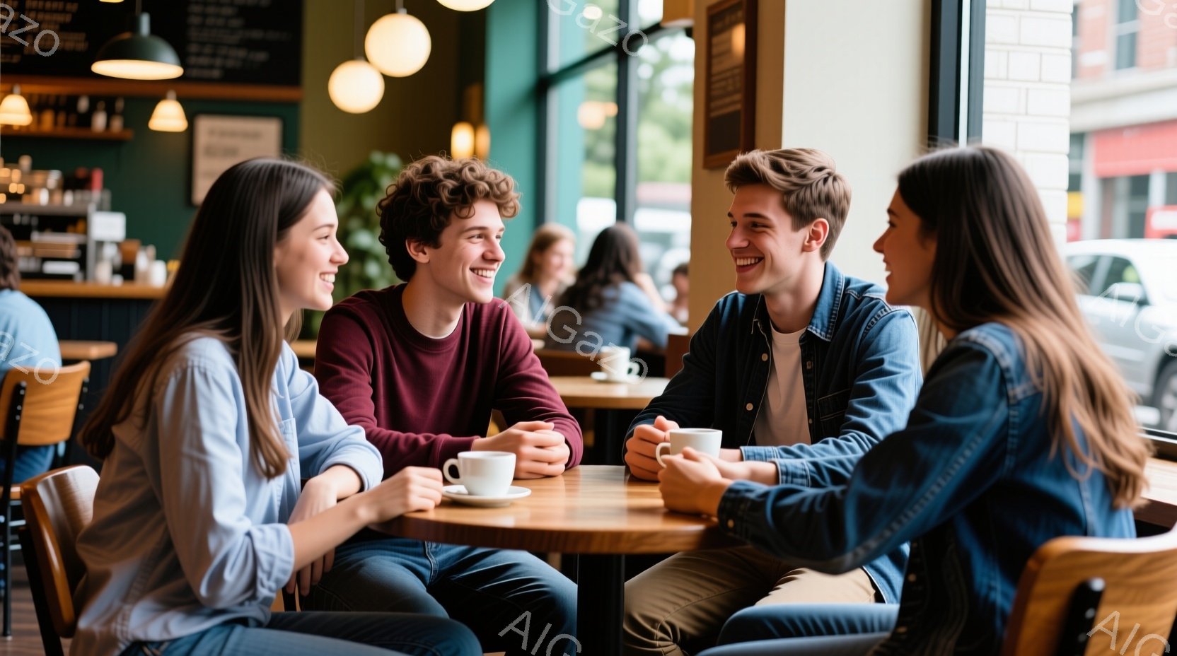 ３人の若い男女がカフェで丸いテーブルを囲んで座り、楽しそうに会話しています。女性は明るい青いシャツを着ており、片方は茶色の髪を後ろで束ね、もう片方は長い黒髪を肩に掛けています。男性は赤紫色のセーターを - AI生成フリー素材