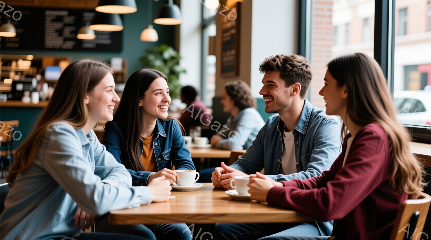 若い男女がカフェでテーブルを囲んで座っており、皆笑顔で楽しそうに会話している様子が伺える。女性はそれぞれライトブルーと赤色のトップスを着ており、ロングヘアを肩から下ろしている。背景には他の来店客や植物が見え、明るい日差しが差し込み、温かくリラックスした雰囲気が漂っている。