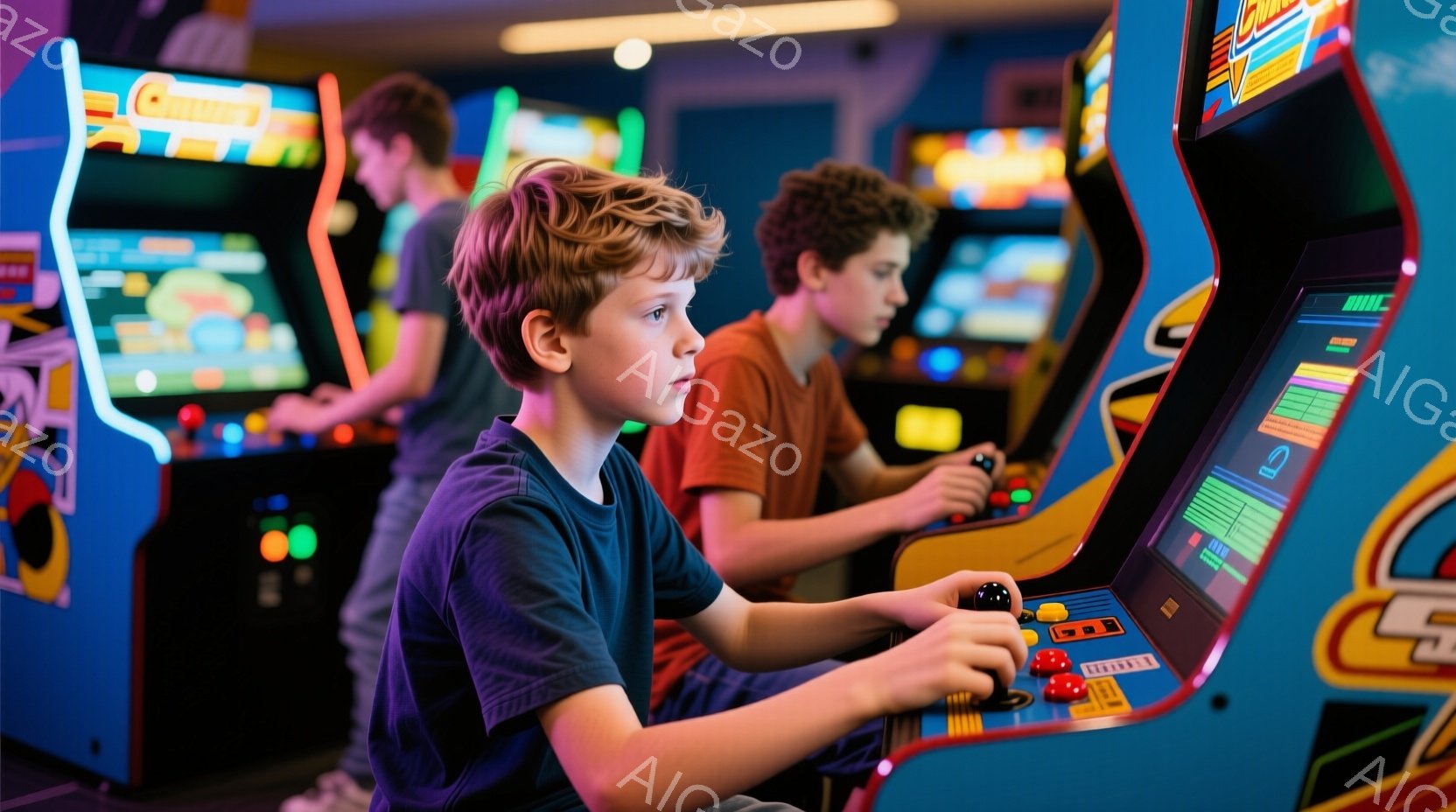 少年たちはアーケードゲーム機でゲームを楽しんでいます。前の少年は紫色のシャツを着ており、巻き毛の髪型で、集中した表情でゲームコントローラーを操作しています。背景には他のゲーム機が見え、全体的に賑やかで活気のある遊園地の雰囲気です。
