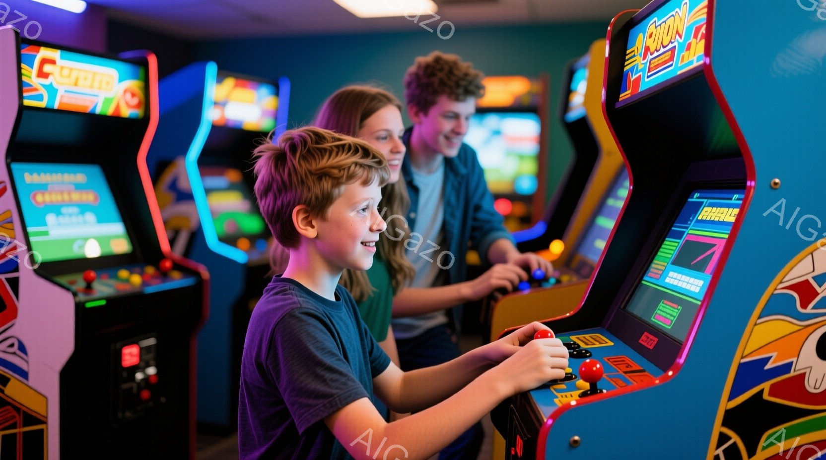 ゲームセンターのような場所で、左から右に進むと見える長い列のレトロ風のビデオゲーム機があります。昔のエイリアン・スペース・ラドィックスのようなゲームはプレイ中で、青い画面上に迫力のあるグラフィックとテキストが表示されています。昆虫のような形をしたエイリアンが登場し、爆弾を投下することによって建物を破壊しています。 中央では少年がプレイ中の彼のゲーム機に注意を集中しています。彼は驚愕した表情をしており、緊張しているように見えます。その手はゲームパッドを支配しており、これは通常のレトロ風のエイリアンプレイに使われます。 右側では2人の友達が驚いています。1人は笑っており、もう1人は不安そうな表情をしています。彼らは全体的に緊張感を示しており、ゲームに集中しているようです。