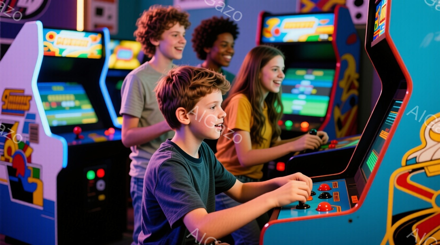 少年と少女がアーケードゲーム機で遊んでいる様子が写っている。少年はカーキ色のTシャツを着ており、少しカールした茶髪で、ゲームに集中して笑顔を見せている。少女はオレンジ色のTシャツを着ており、長い茶髪を - AI生成フリー素材