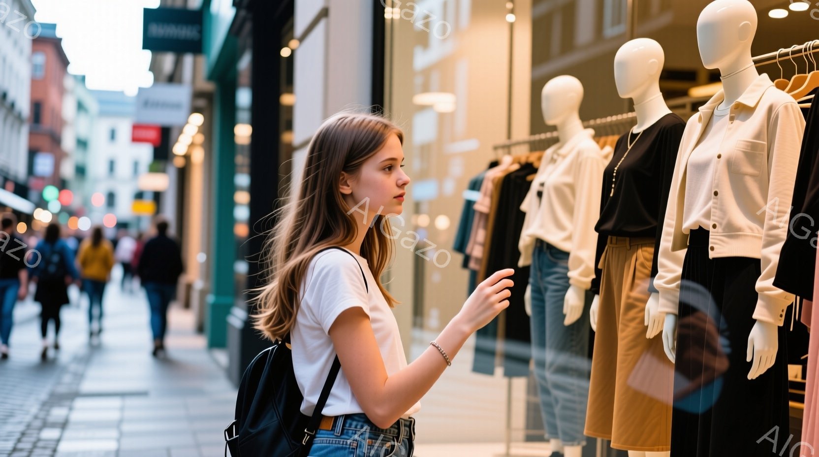 若い女性がショーウィンドウを眺めている様子が写っている。白いTシャツとデニムのジーンズ、黒のバックパックを背負い、少し微笑んでいる。背景には石畳の道と、様々な洋服が並んだショーウィンドウ、そしてぼんや - AI生成フリー素材