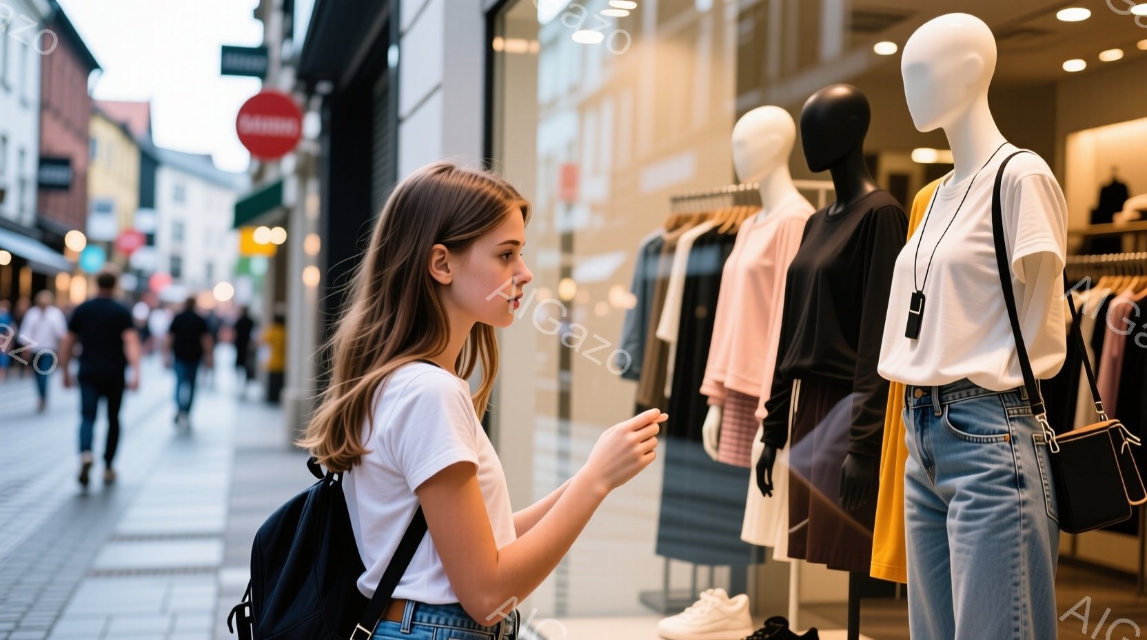 若い女性がショーウィンドウの前で立っており、何かを指し示しながら思案しているような表情をしている。彼女は白いTシャツとジーンズ、黒いバックパックを身につけており、髪は肩まで届く長さで自然にカールしてい - AI生成フリー素材