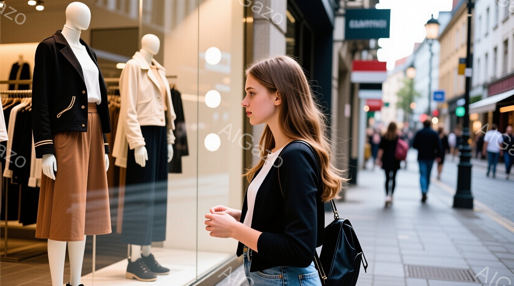 若い女性がショーウィンドウを見つめており、黒のカーディガン、白いTシャツ、そしてジーンズ姿です。彼女はリュックサックを背負い、少し考え込んでいるような表情をしています。背景には石畳の通り、他の歩行者、 - AI生成フリー素材