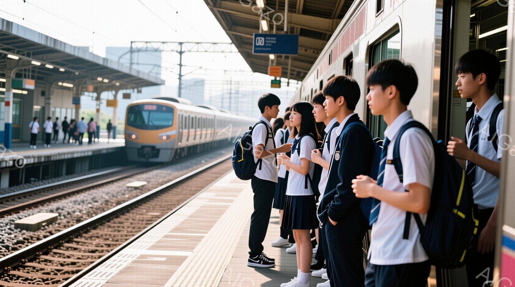 制服を着た学生たちが電車を待つ駅のプラットフォームに並んで立っている。彼らは皆、紺色のブレザーに白いシャツ、チェックのスカートまたはズボンを着用し、黒い靴と白いソックスを履いている。背景には電車が到着 - AI生成フリー素材