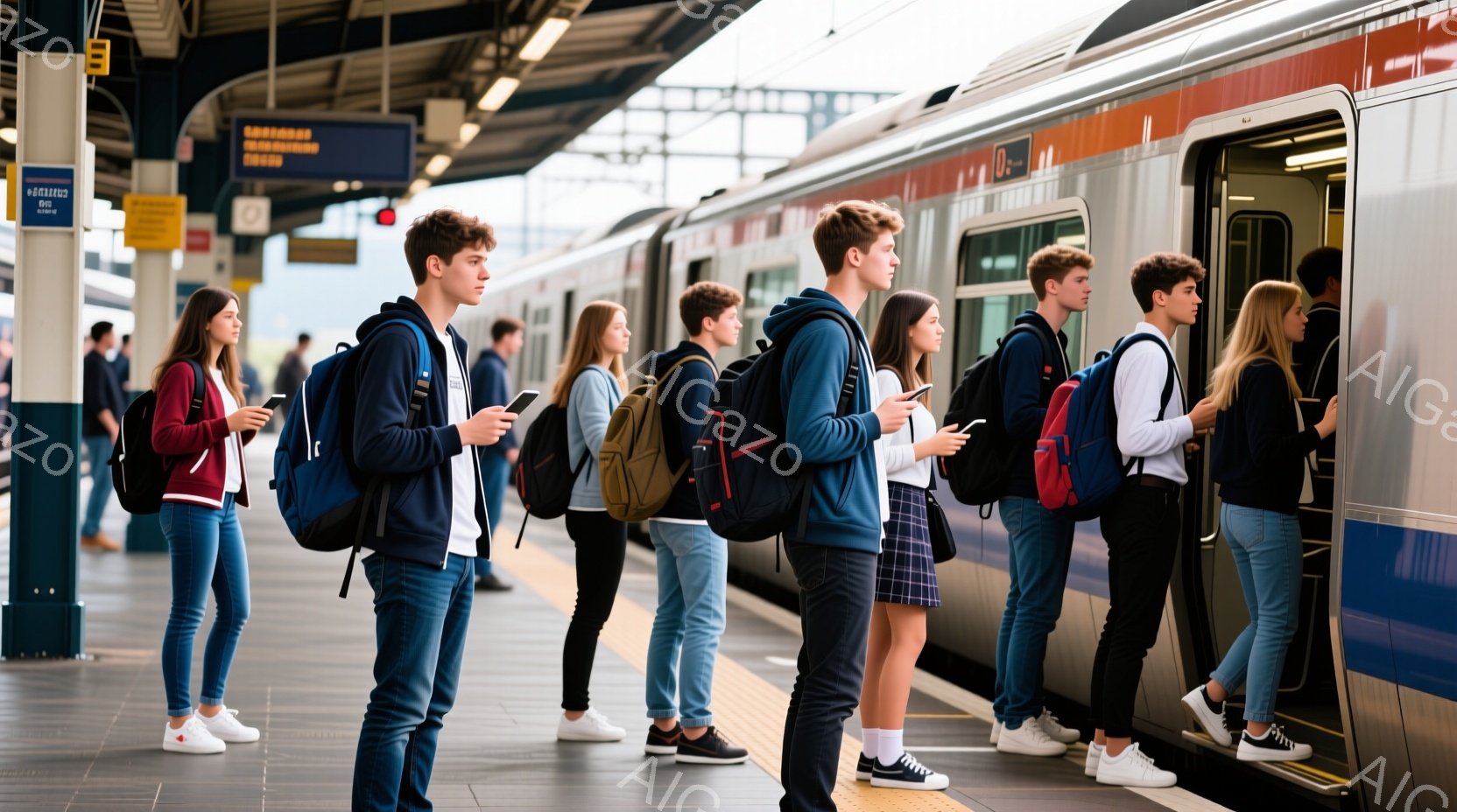 若者たちがプラットフォームで列を作って電車を待っています。彼らは皆バックパックを背負い、カジュアルな服装をしています。背景には電車とプラットフォームの構造が見え、天候は晴れで、全体的に活気のある雰囲気です。