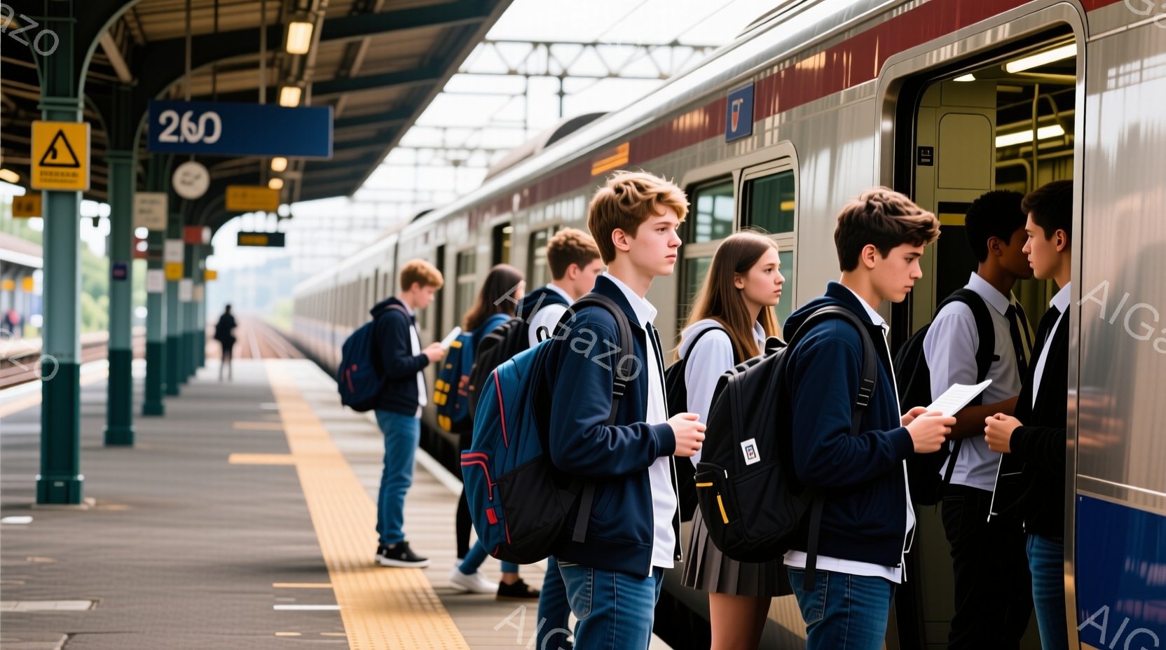 制服を着た一群の学生が駅のプラットフォームに立っている。彼らは皆、青いブレザーと紺色のズボンまたはスカートを着用し、リュックサックを背負っている。背景には、曇り空の下の鉄道線路と列車の車両が見え、学生たちは何かに集中しているか、退屈そうに見える。