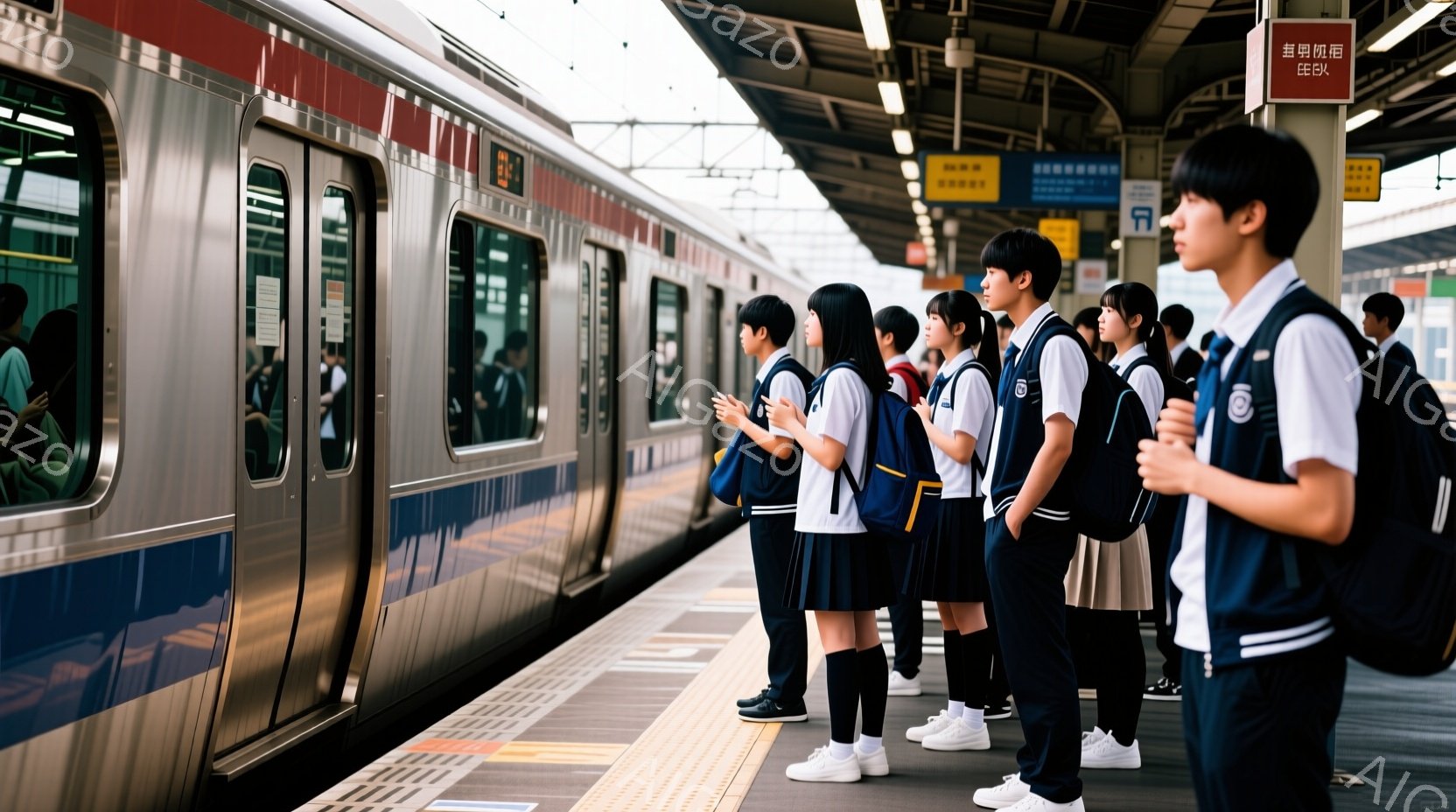 制服を着た学生たちが電車を待つ駅のホームに並んで立っています。紺色のブレザーに白いシャツ、チェックのスカートまたはズボンを着用し、黒い靴下と白いスニーカーを履いています。彼らは皆、少し緊張した表情で、電車が到着するのを待っています。